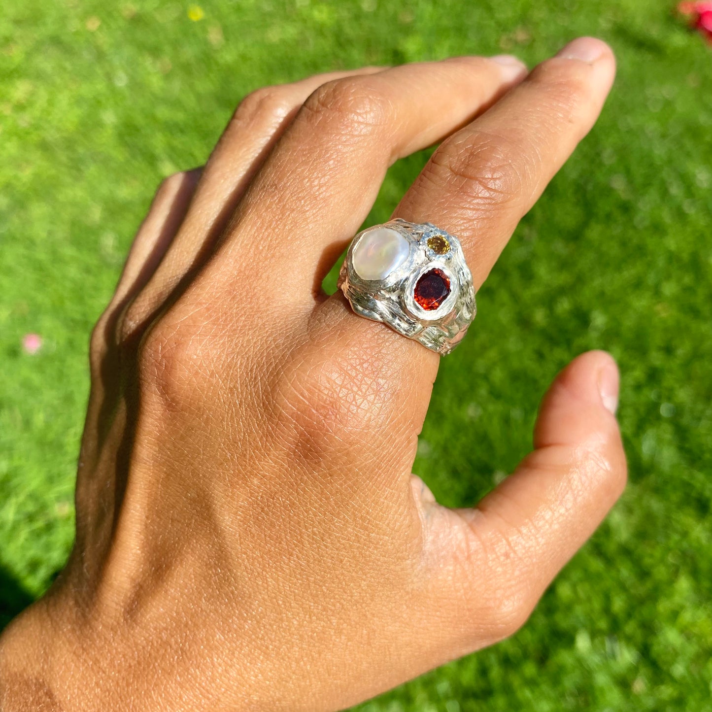 The Autumn Glow; features a thick band with three stones: Keshi pearl, orange citrine, and yellow sapphire. Handmade by me, this ring is available in size P (US 7 1/2)