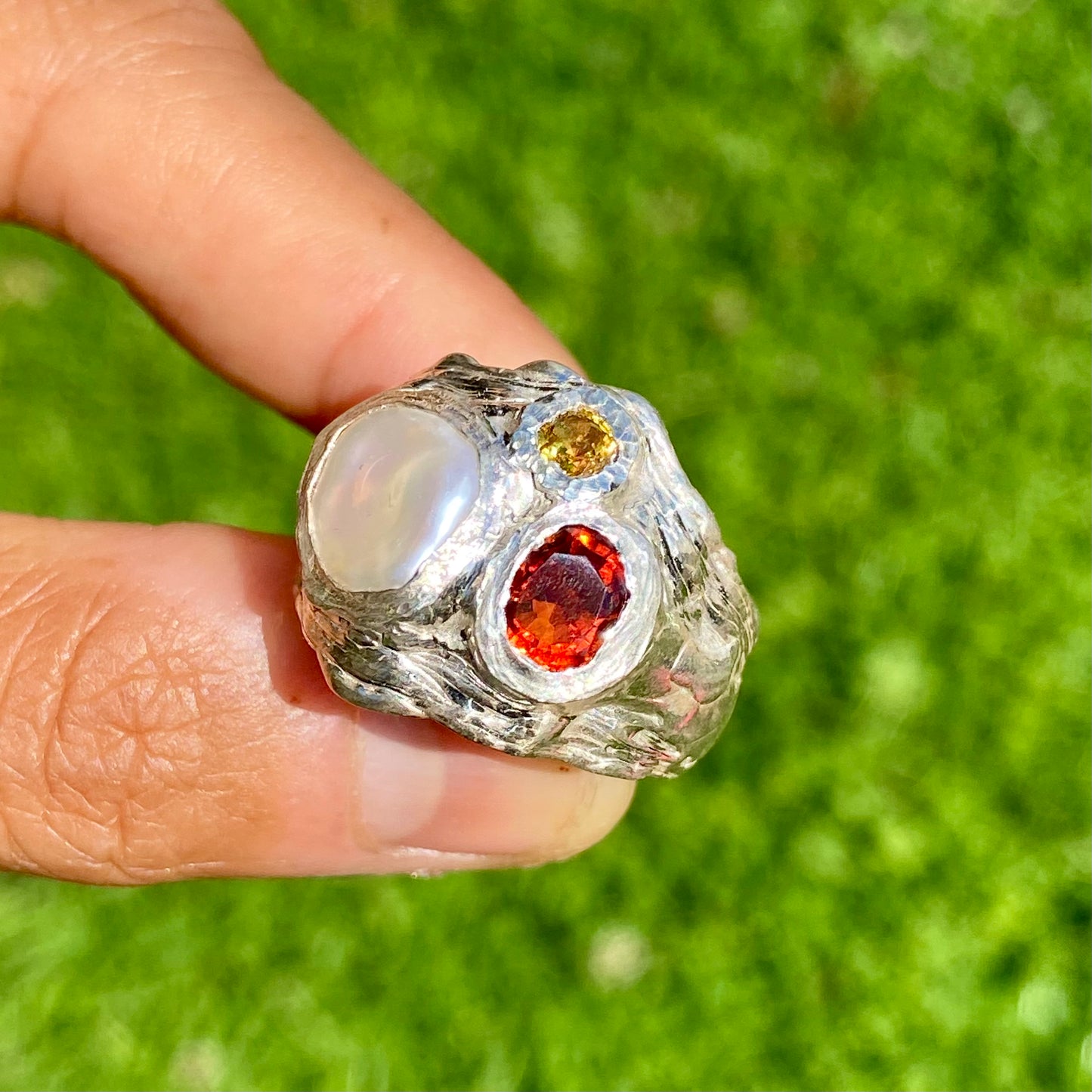 The Autumn Glow; features a thick band with three stones: Keshi pearl, orange citrine, and yellow sapphire. Handmade by me, this ring is available in size P (US 7 1/2)