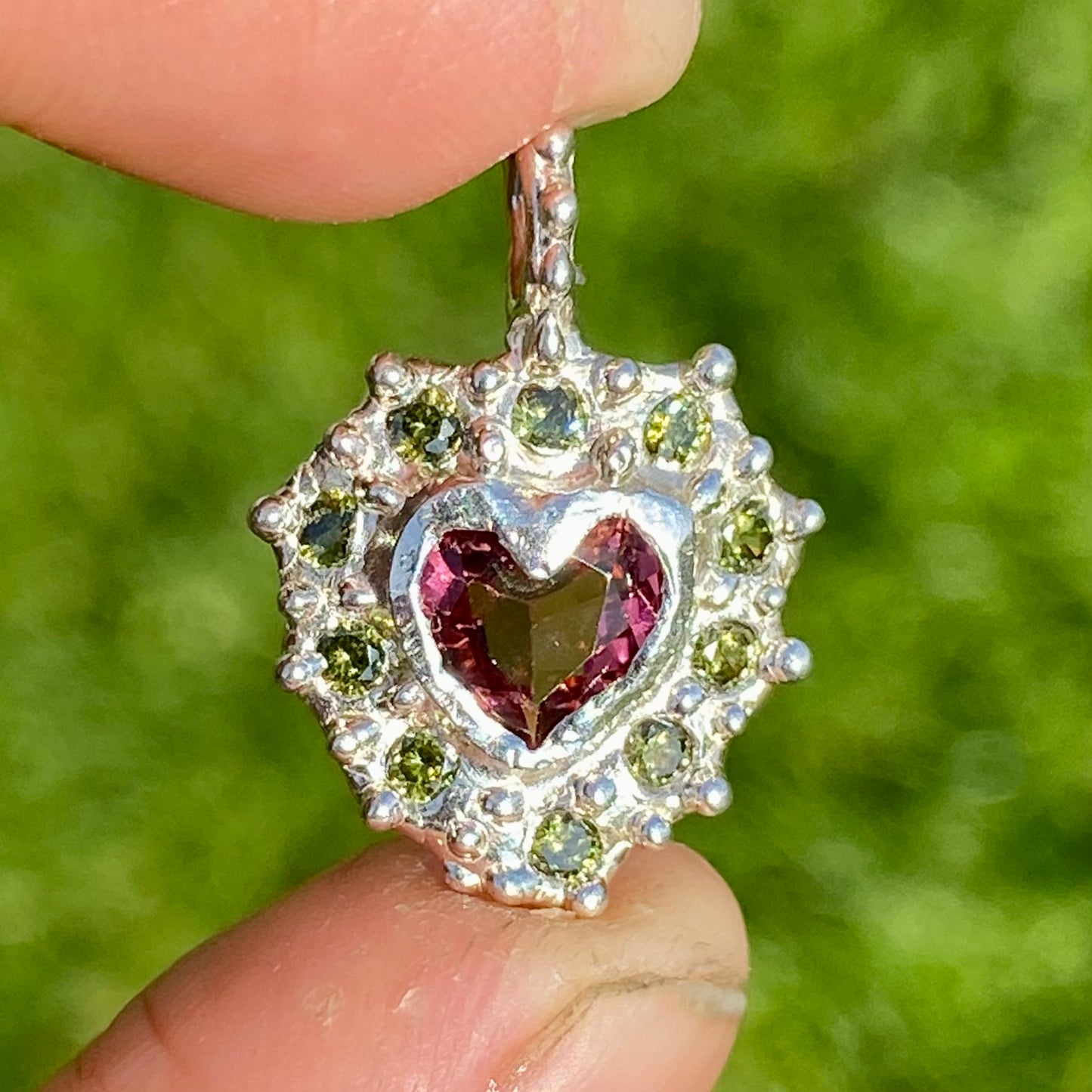 Fall in love! Blushing Heart Pendant: pink tourmaline & sparkling green stones. Handmade necklace with a delicate chain. Shop Lia Makes Jewellery!