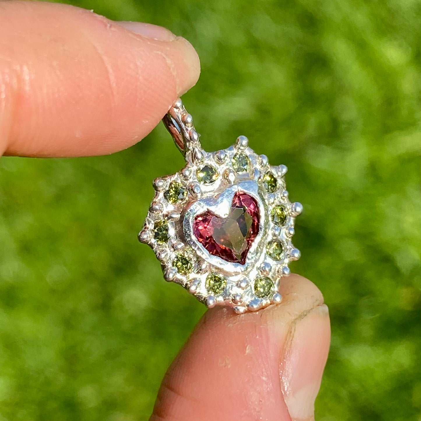 Fall in love! Blushing Heart Pendant: pink tourmaline & sparkling green stones. Handmade necklace with a delicate chain. Shop Lia Makes Jewellery!