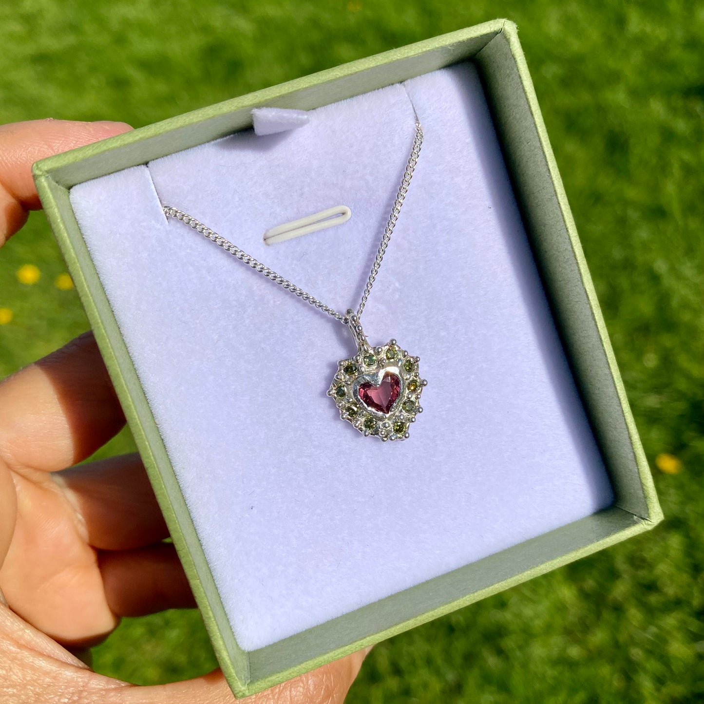 Fall in love! Blushing Heart Pendant: pink tourmaline & sparkling green stones. Handmade necklace with a delicate chain. Shop Lia Makes Jewellery!