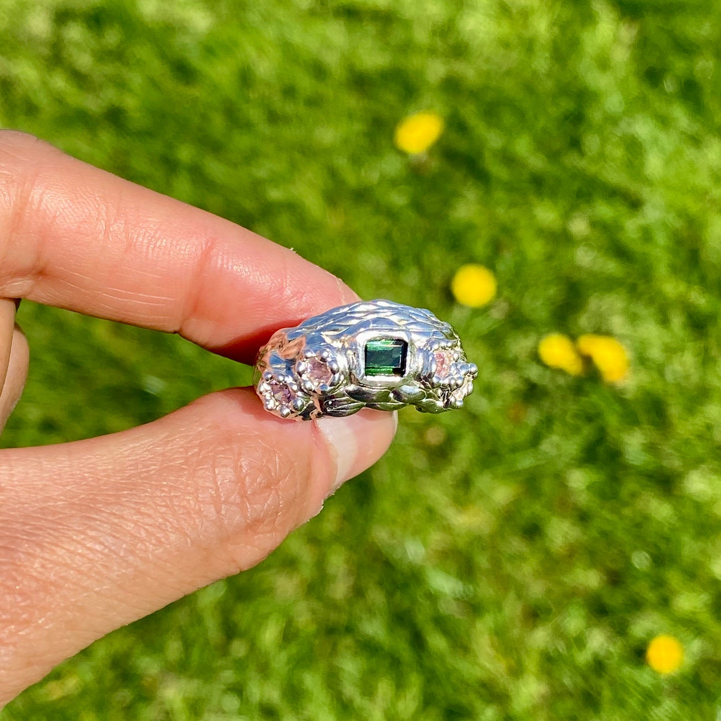 Nature's whisper! Botanical Bliss Ring: green tourmaline & pink stones in sparkling silver. Size O (US 7, adjustable). Shop Lia Makes Jewellery!