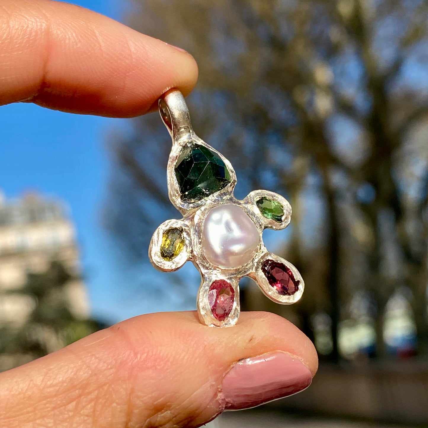 Handmade sterling silver Fairy Light Pendant with green and pink tourmalines, and white keshi pearl, handmade by Lia.