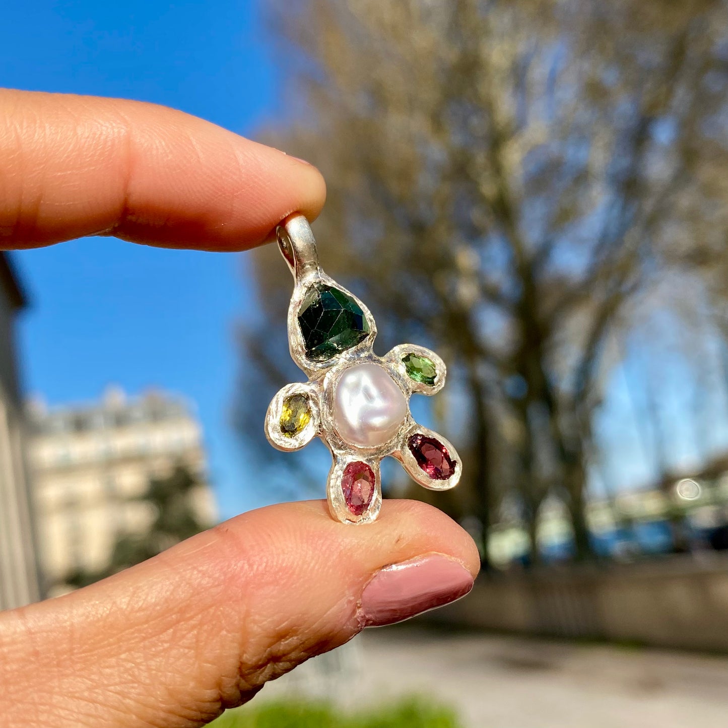 Handmade sterling silver Fairy Light Pendant with green and pink tourmalines, and white keshi pearl in the tummy.