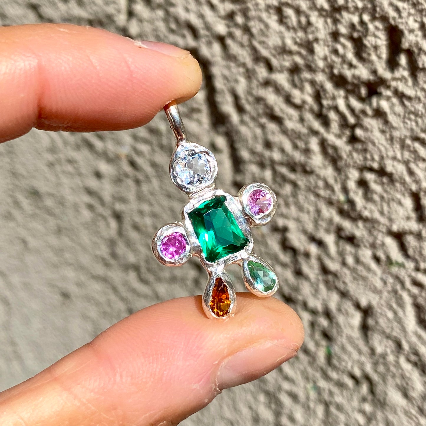 Fairy Light Pendant with green synthetic emerald, CZ, pink sapphires, and tourmalines. Handmade by Lia