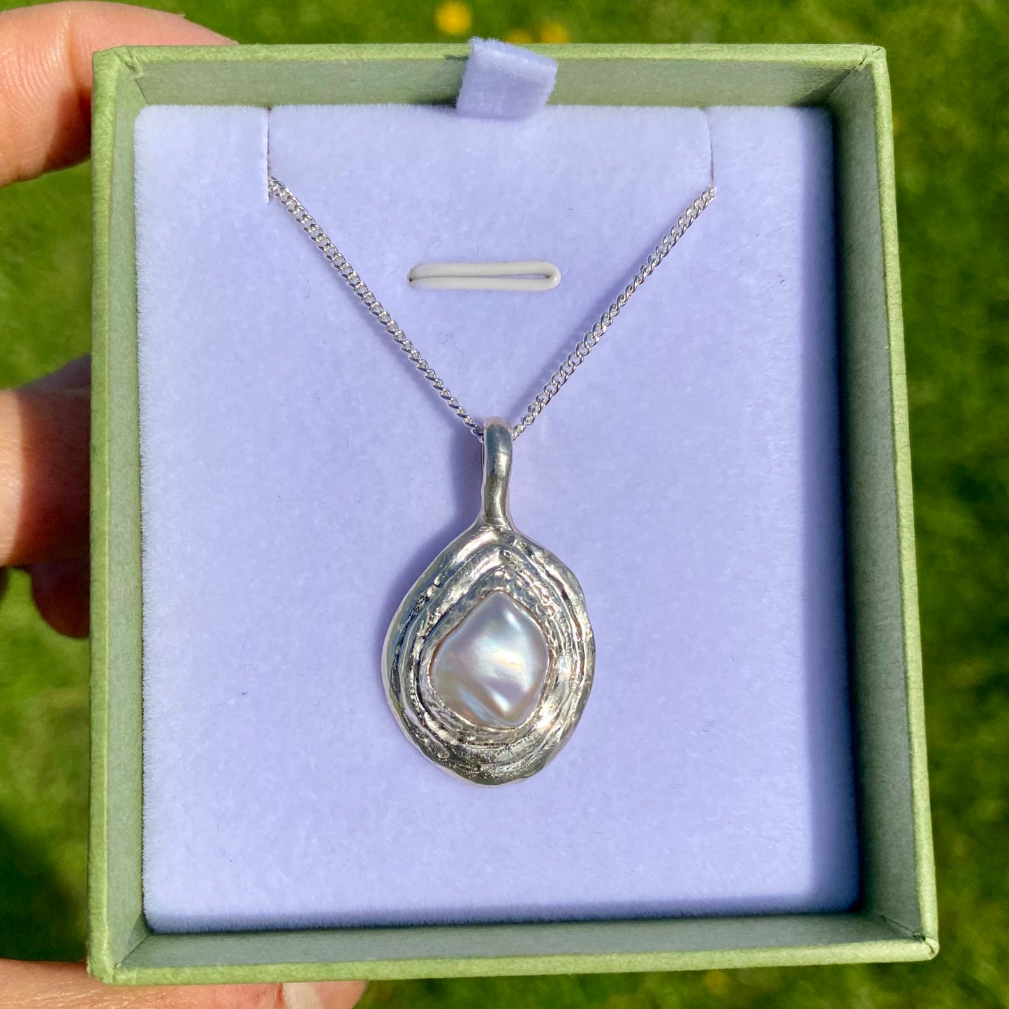 Handmade sterling silver Mimpi Pendant with keshi pearl, inspired by dreams. Includes 42 cm chain, shown in box.
