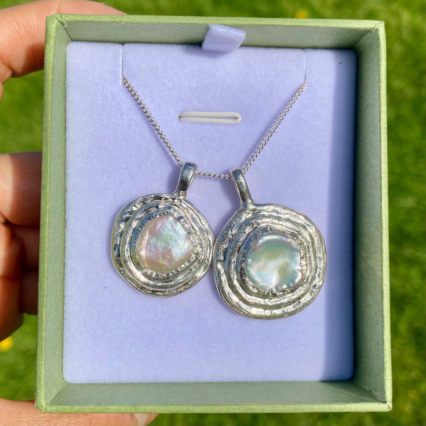Handmade by Lia in sterling silver Mimpi Pendant with keshi pearl, inspired by dreams. two pendants shown in photo.