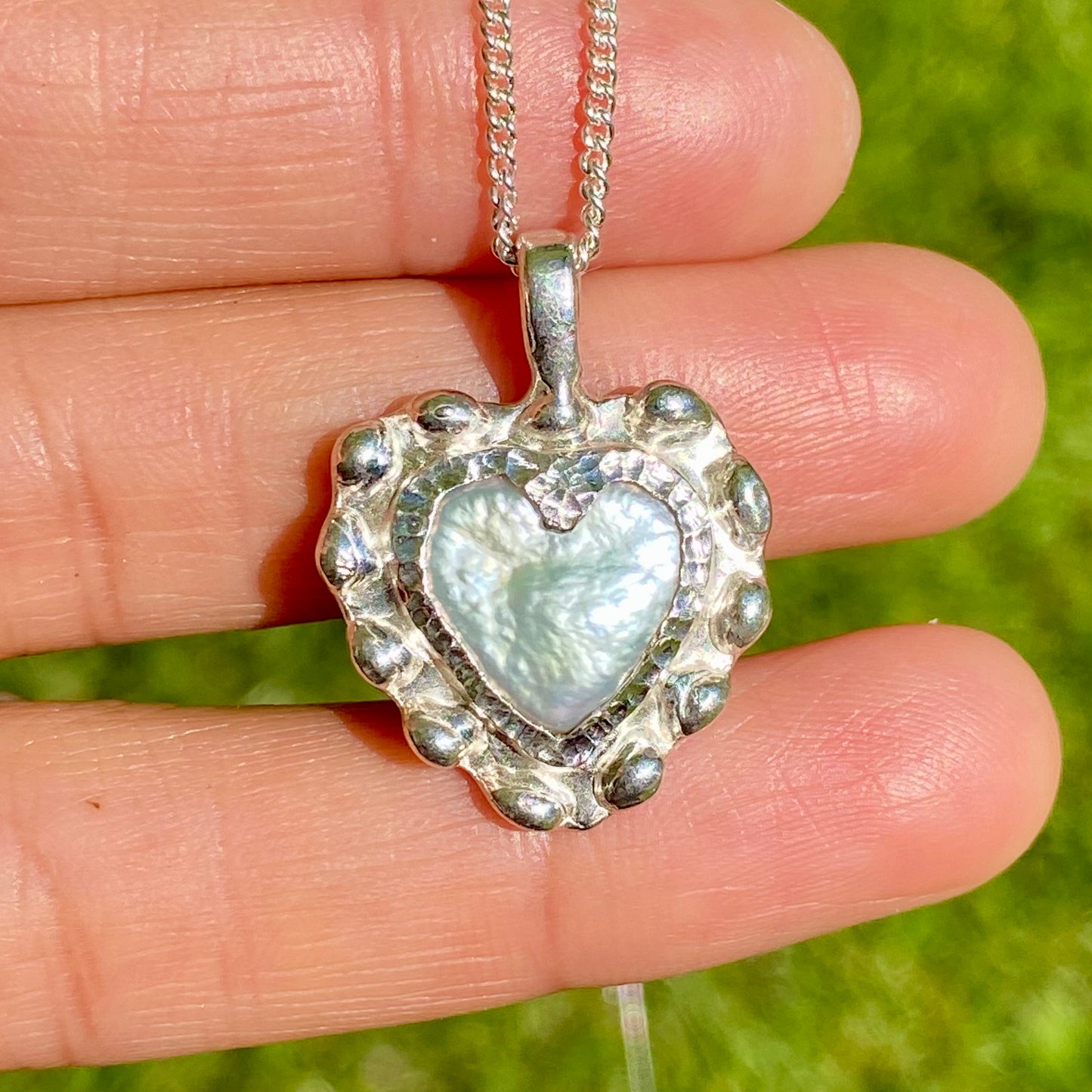 White Heart Pendant in sterling silver with freshwater pearl, medium heart shape – handmade by Lia Makes Jewellery