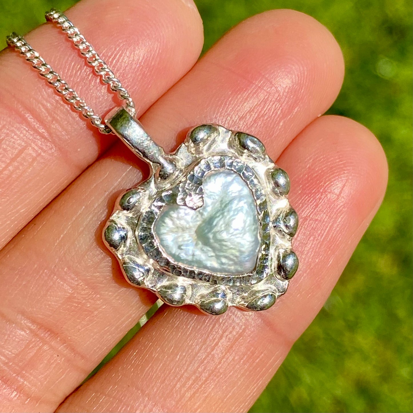 White Heart Pendant in sterling silver with freshwater pearl, medium heart shape – handmade by Lia Makes Jewellery