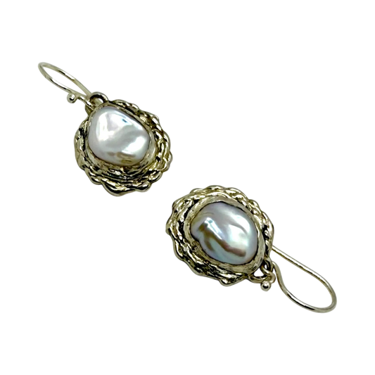 Full view of Bulan Dangles handmade sterling silver pearl earrings by Lia Makes Jewellery.