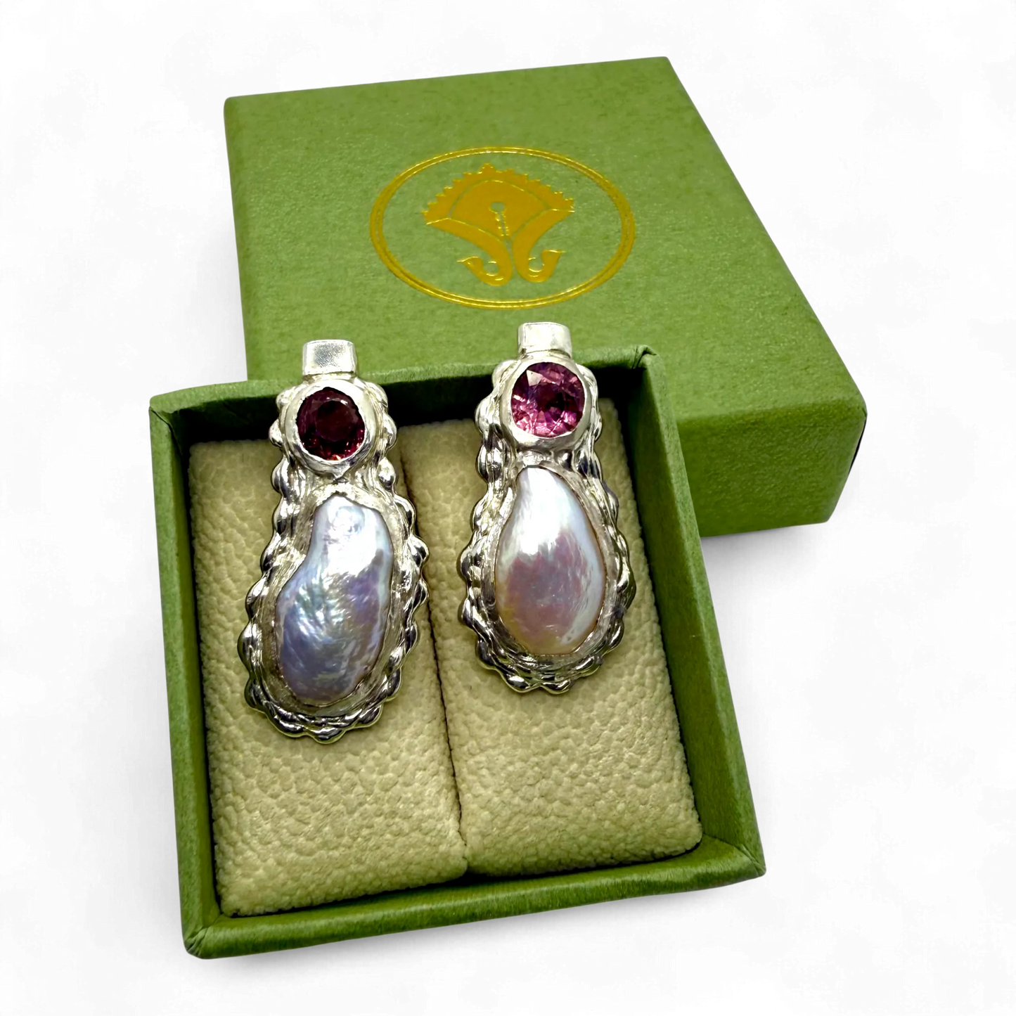 Pair of White Rosé earrings in sterling silver with soft pink spinel and white keshi pearls, handmade by Lia Makes Jewellery.