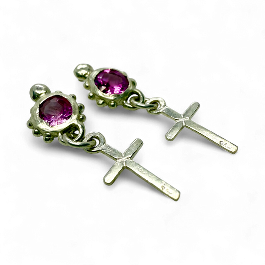 Side view of Rosae Studs showing sterling silver setting and soft pink topaz shine.