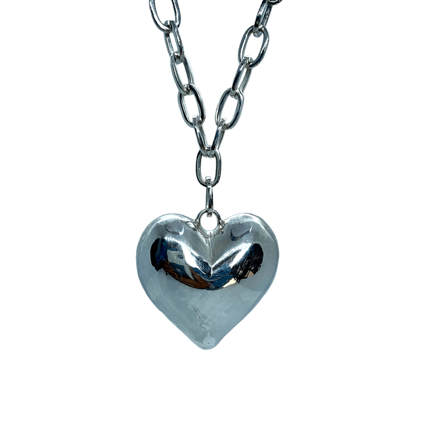 Sterling silver Sweetheart Pendant with large-link 42 cm chain, in white background. Handmade by Lia.