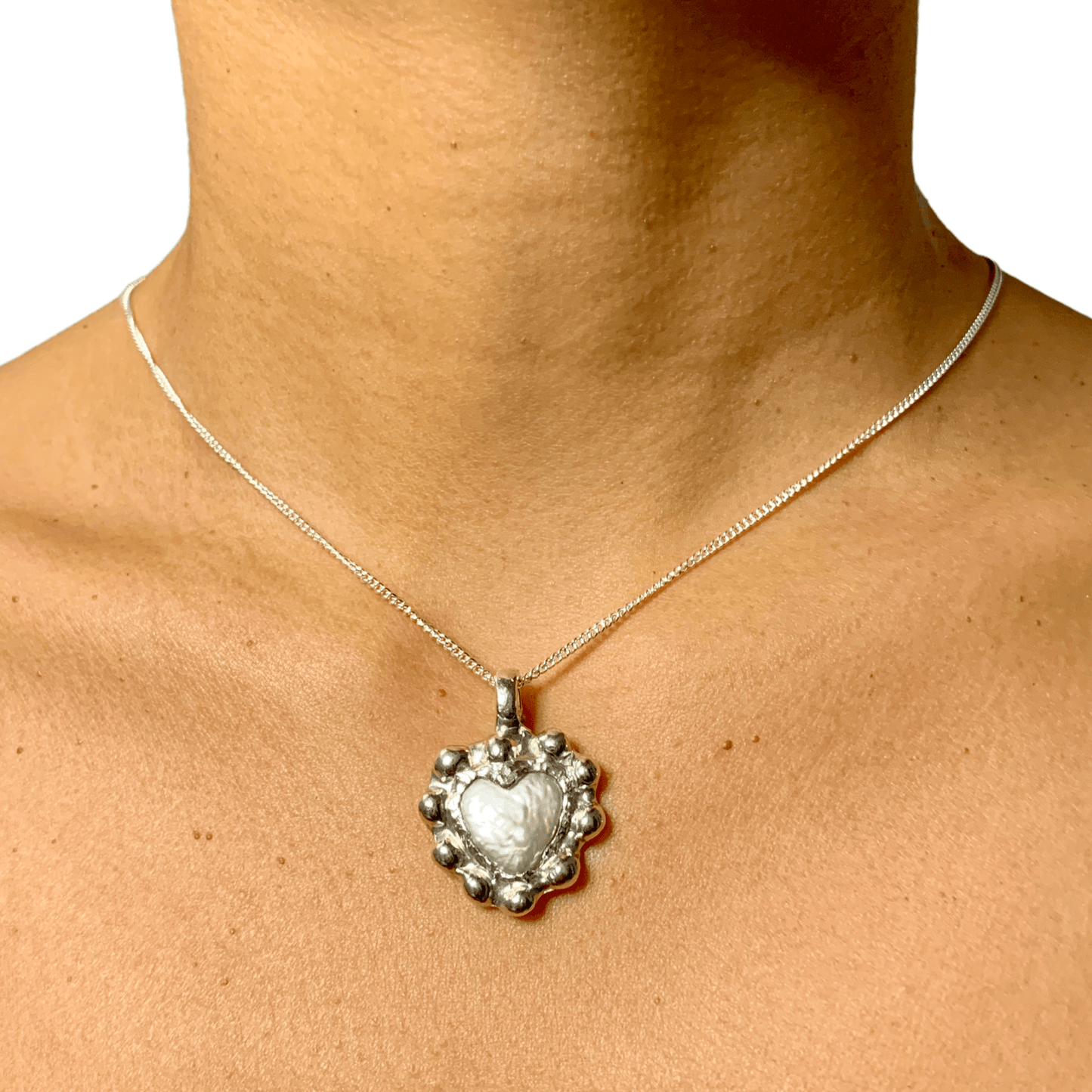 White Heart Pendant in sterling silver with freshwater pearl, medium heart shape – handmade by Lia Makes Jewellery
