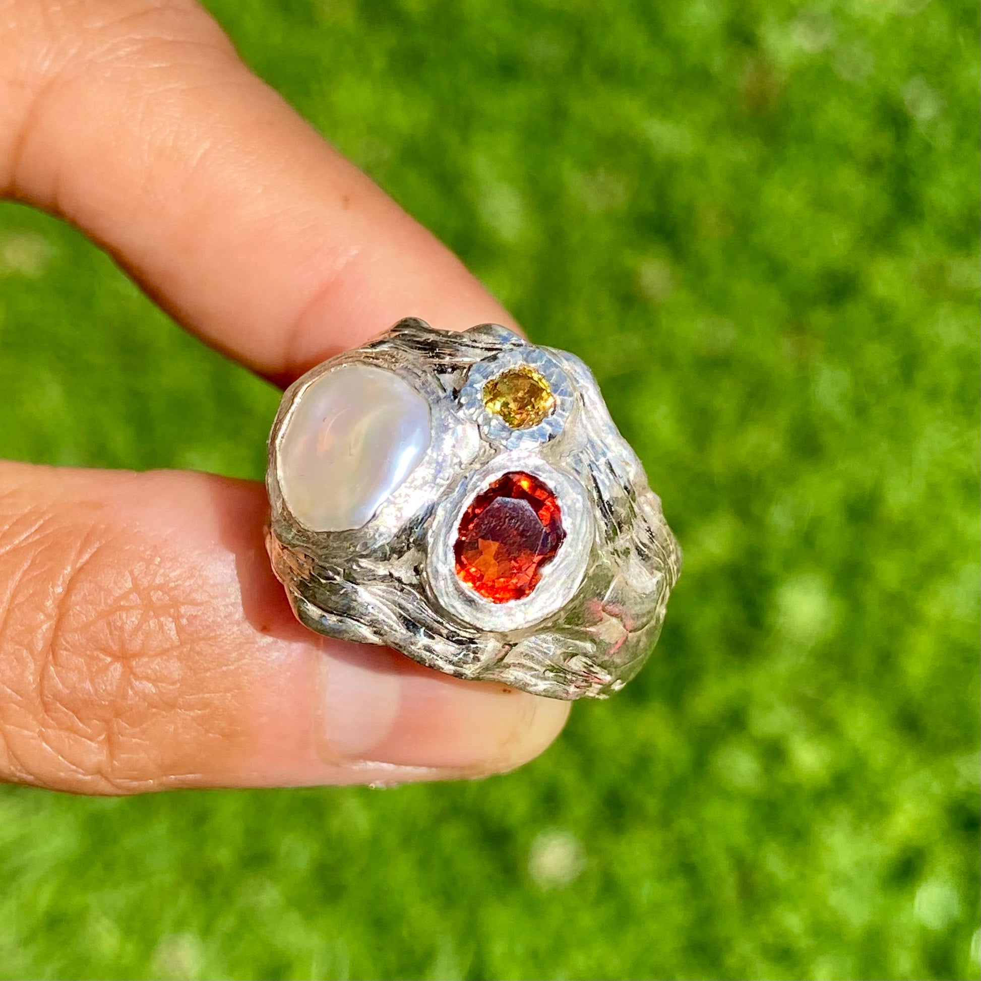 The Autumn Glow; features a thick band with three stones: Keshi pearl, orange citrine, and yellow sapphire. Handmade by me, this ring is available in size P (US 7 1/2)