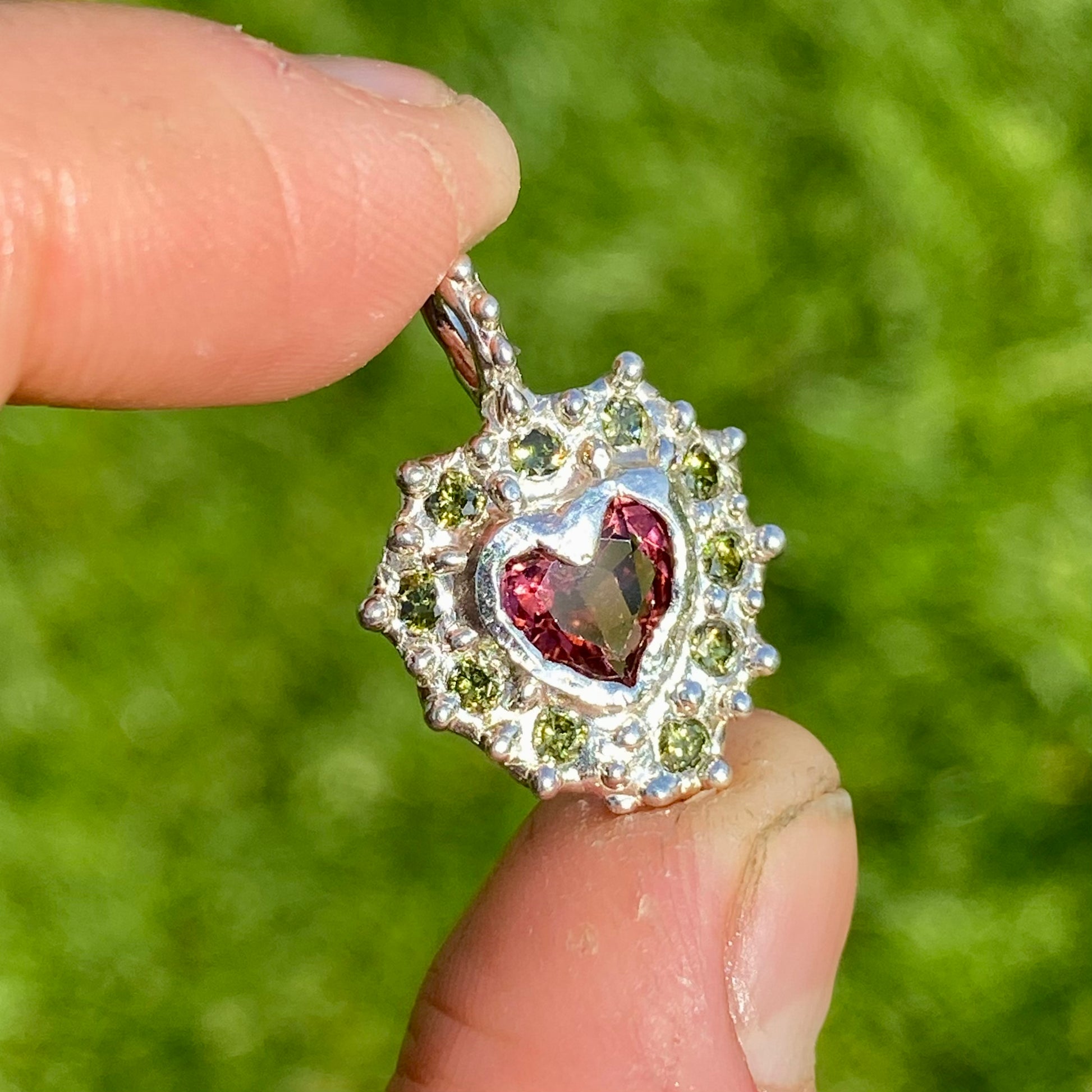Fall in love! Blushing Heart Pendant: pink tourmaline & sparkling green stones. Handmade necklace with a delicate chain. Shop Lia Makes Jewellery! 