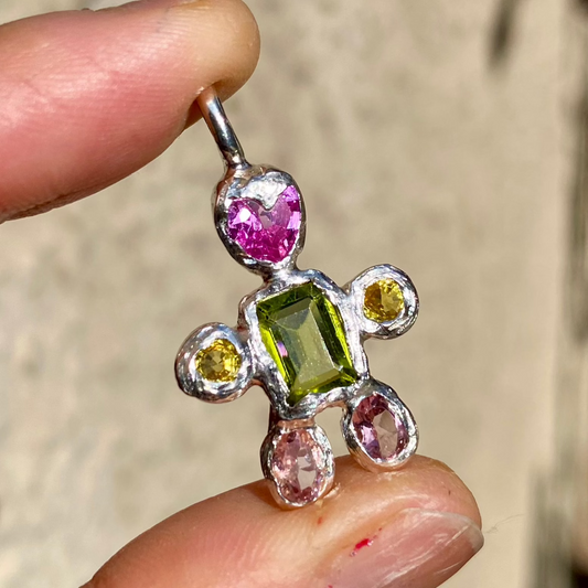 Handmade sterling silver Fairy Light Pendant with green peridot, heart pink tourmaline, and yellow sapphires.