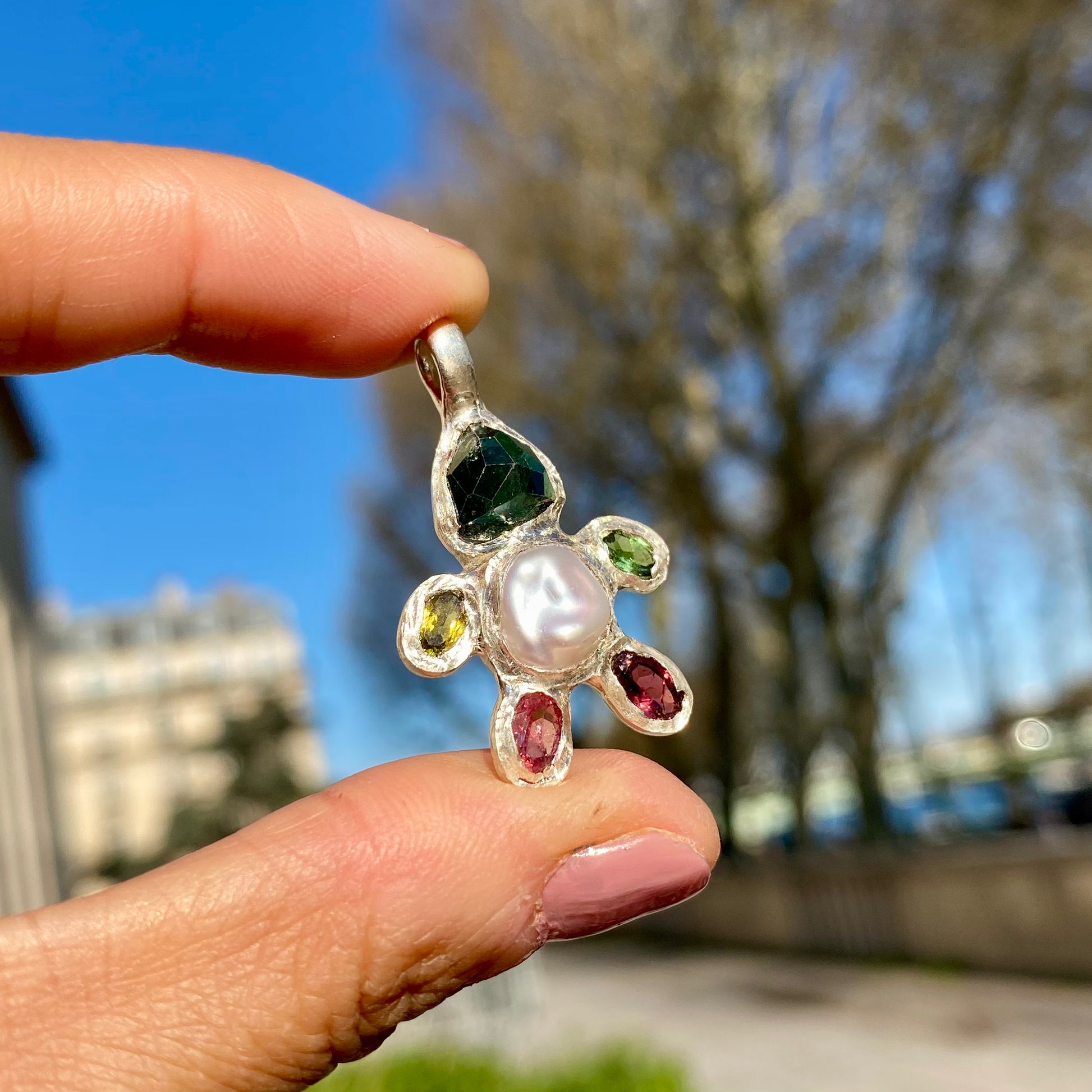 Handmade sterling silver Fairy Light Pendant with green and pink tourmalines, and white keshi pearl in the tummy.