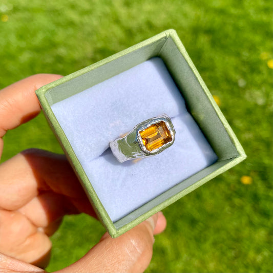 Detailed view of the Grand Sunshine Ring with yellow citrine, showcasing its sparkling beauty, size N½