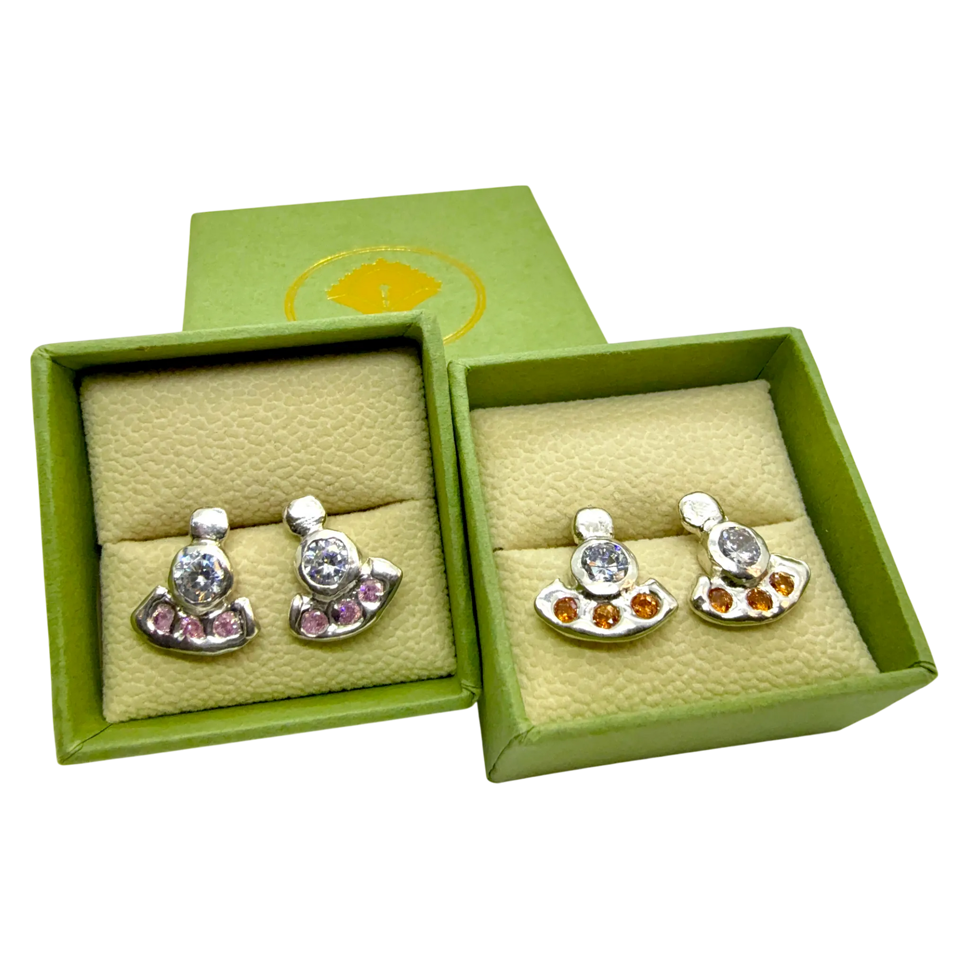 Pink and orange Lina Stud earrings together in gift box, handmade in Paris by Lia Makes Jewellery.