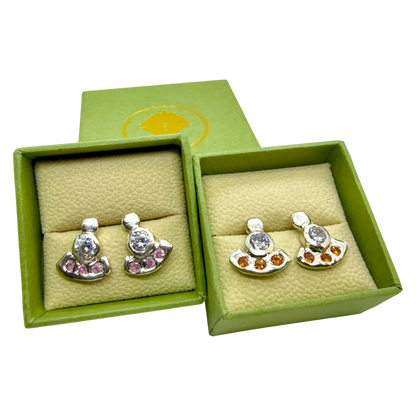 Pink and orange Lina Stud earrings together in gift box, handmade in Paris by Lia Makes Jewellery.