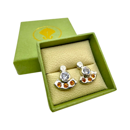 Sterling silver orange Lina Stud earrings, minimalist handmade design with bright stone.
