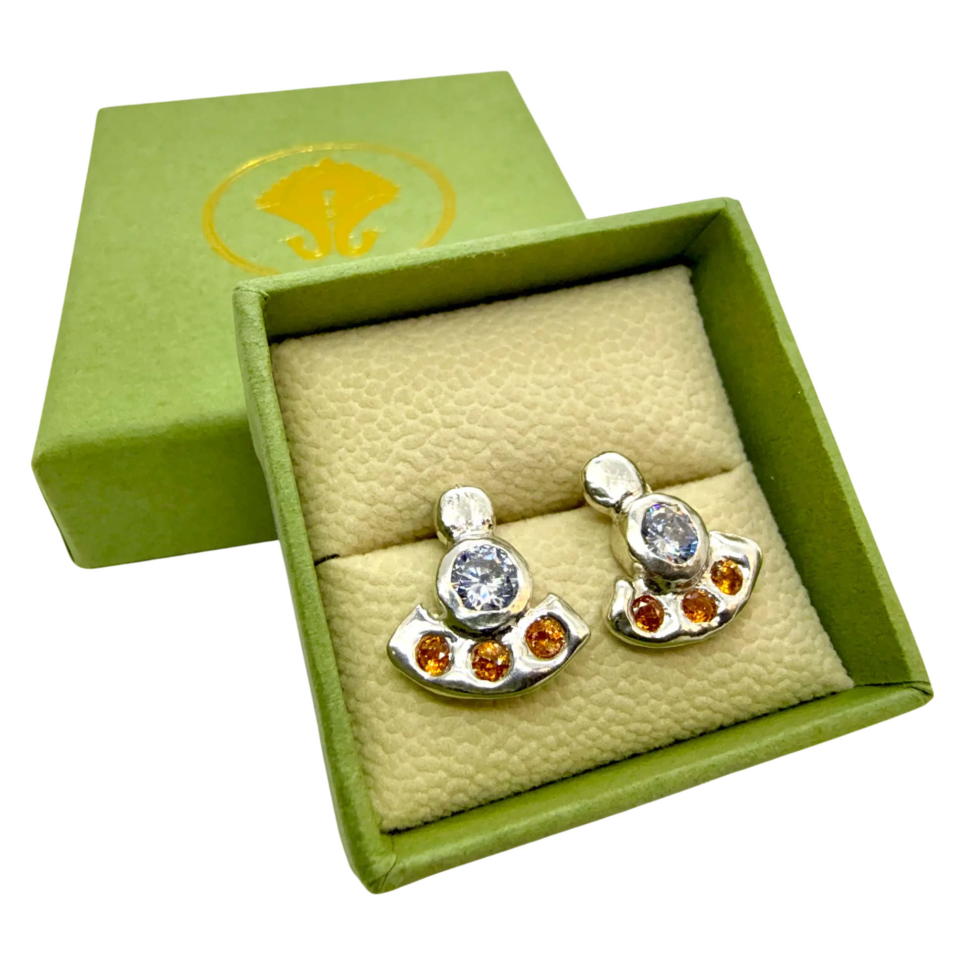 Orange Lina Stud earrings in sterling silver displayed in jewellery box — Lia Makes Jewellery Paris.