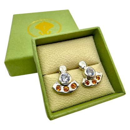 Orange Lina Stud earrings in sterling silver displayed in jewellery box — Lia Makes Jewellery Paris.
