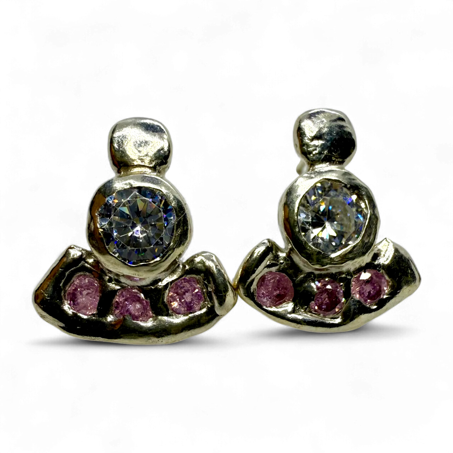 Handmade sterling silver pink stud earrings with bright synthetic stone, crafted in Paris by Lia Makes Jewellery.