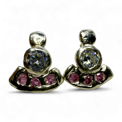 Handmade sterling silver pink stud earrings with bright synthetic stone, crafted in Paris by Lia Makes Jewellery.