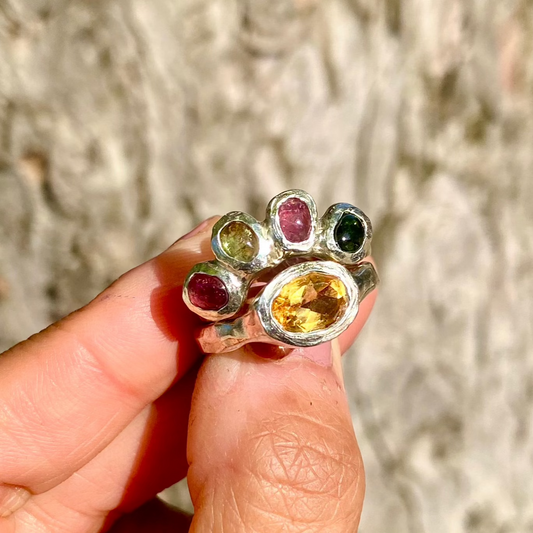 Sunny Spectrum ring stack comes as a set of two. One ring features four colours tourmaline stone, and the other has a yellow oval citrine stone. Handmade by me from sterling silver, these stacking rings are available in one size: N&nbsp;½ (US 6 3/4).
