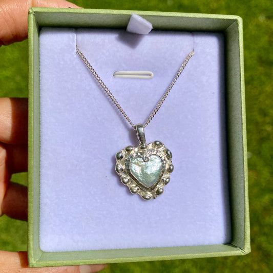 White Heart Pendant in sterling silver with freshwater pearl, medium heart shape – handmade by Lia Makes Jewellery