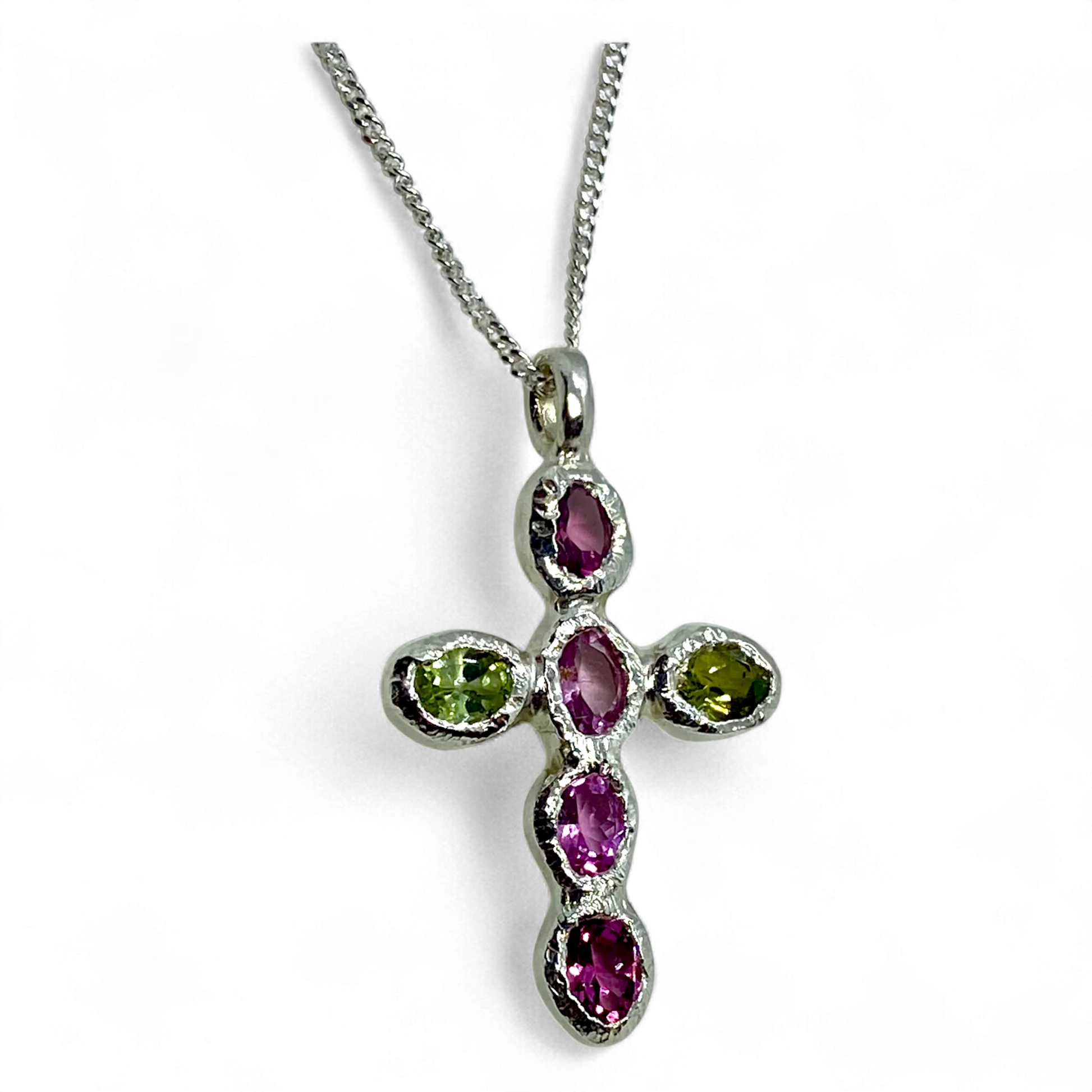 Harmony Pink Cross pendant on a 42 cm sterling silver chain, featuring pink and green tourmalines, handmade in Paris.
