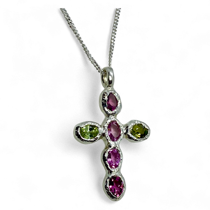 Harmony Pink Cross pendant on a 42 cm sterling silver chain, featuring pink and green tourmalines, handmade in Paris.