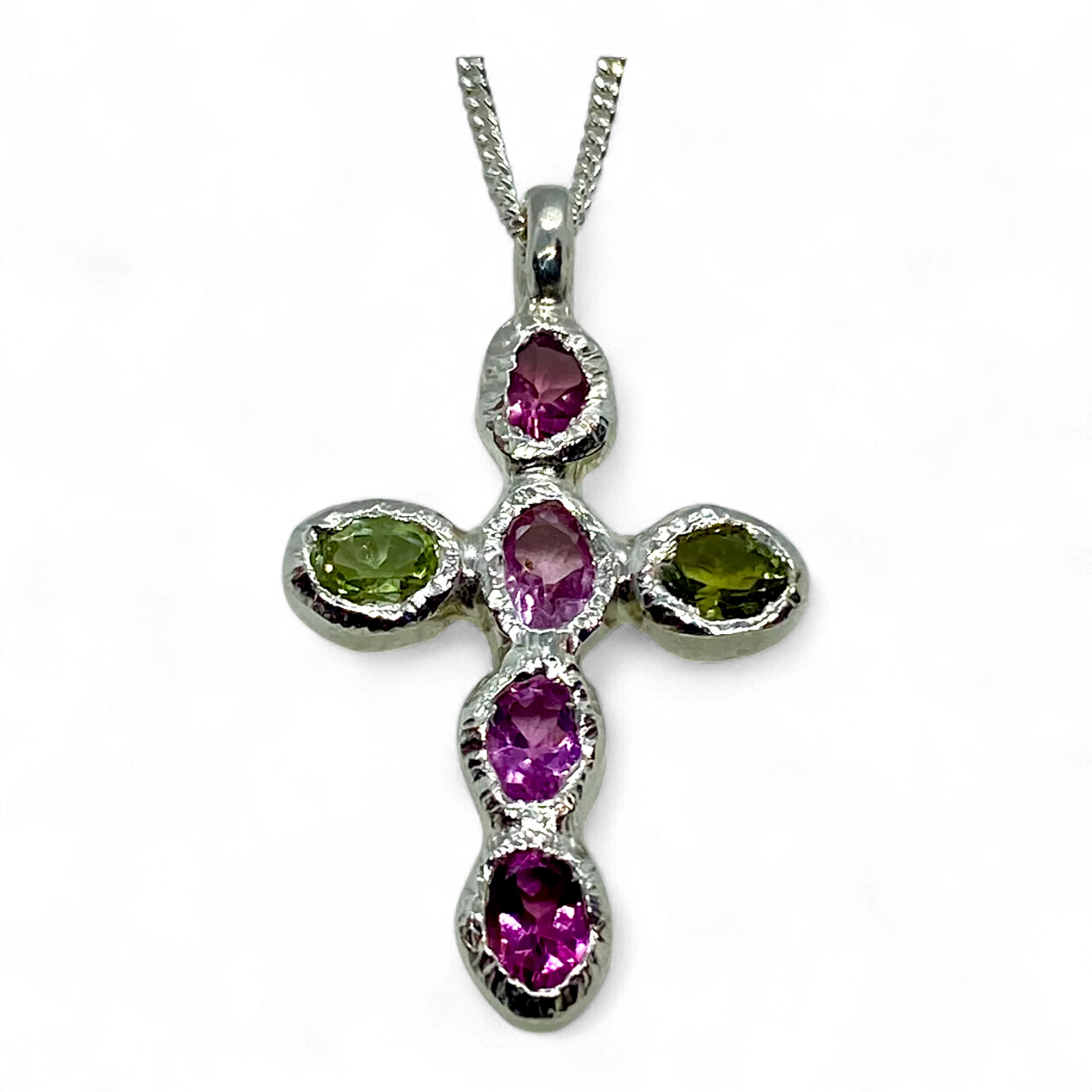 Handmade sterling silver Harmony Pink Cross pendant with pink and green tourmalines, crafted in Paris by Lia Makes Jewellery.