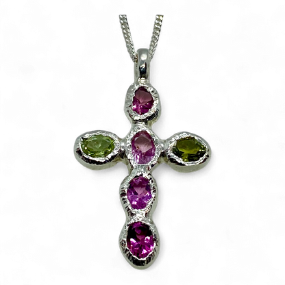 Handmade sterling silver Harmony Pink Cross pendant with pink and green tourmalines, crafted in Paris by Lia Makes Jewellery.