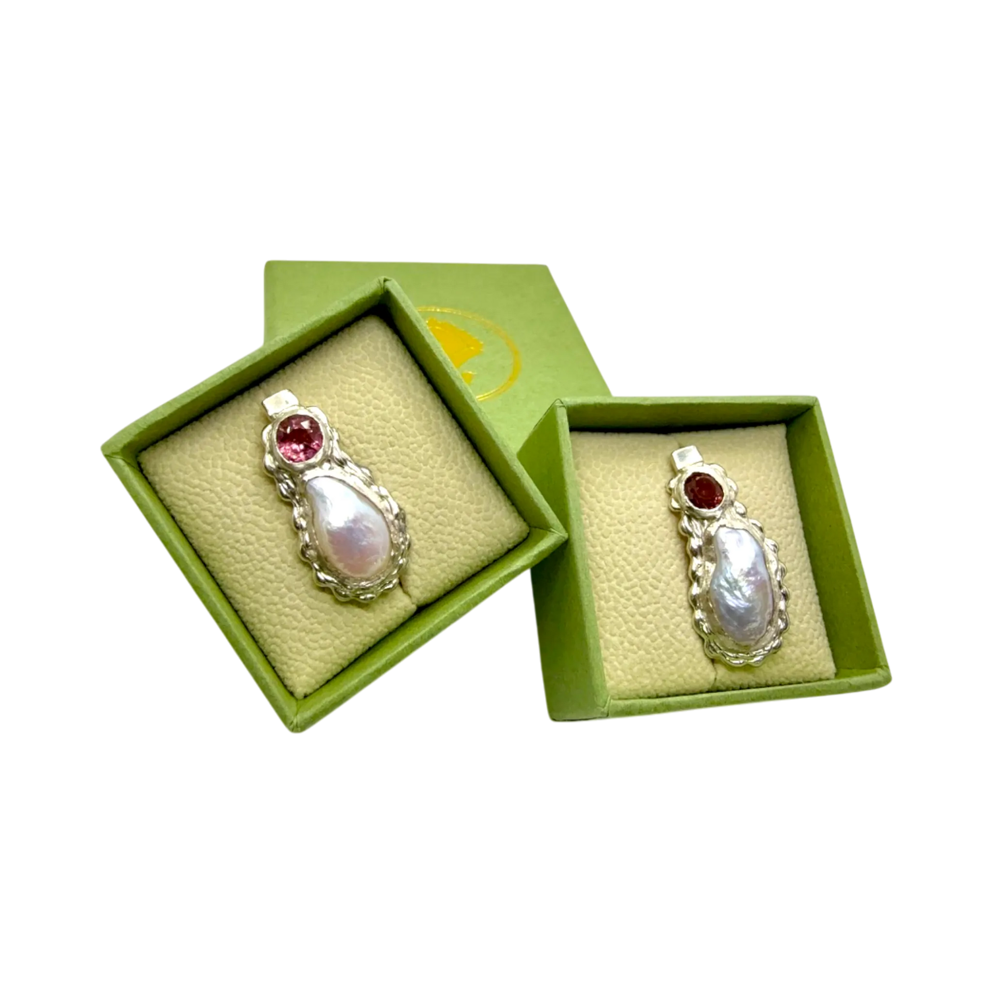 White Rosé earrings displayed on Lia Makes Jewellery box — sterling silver, pink spinel, and keshi pearl design handmade in Paris.