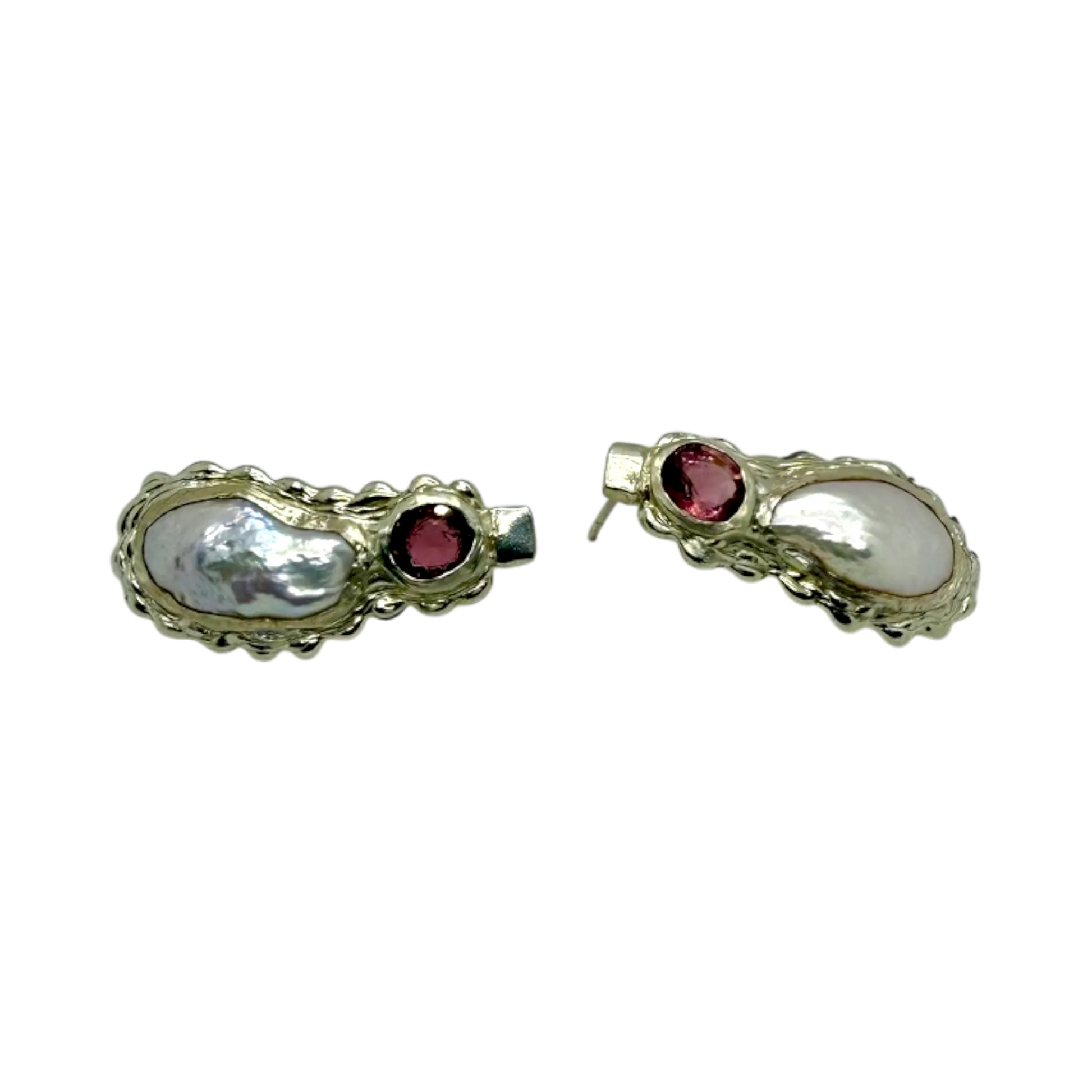 Side view of White Rosé earrings showing polished sterling silver with pink spinel and white keshi pearls.