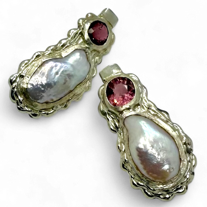 White Rosé handmade earrings in sterling silver with pink spinel and keshi pearls, crafted in Paris by Lia Makes Jewellery.