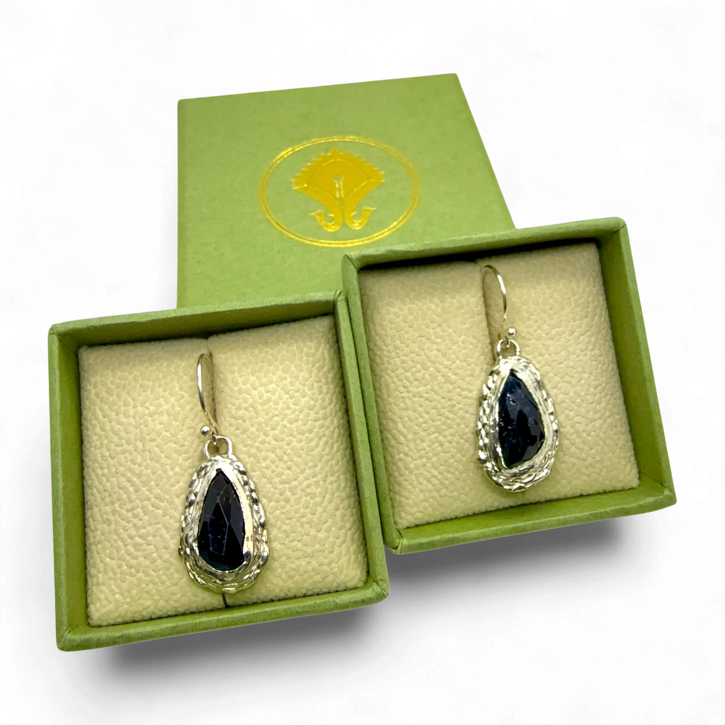 Pair of Orra Dangles in sterling silver with green-bluish tourmaline stones, unique handmade design by Lia Makes Jewellery.