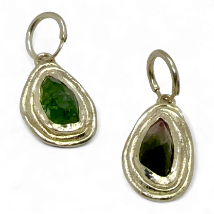 Orra Hoops handmade in Paris from sterling silver with green-pink tourmalines, crafted by Lia Makes Jewellery.