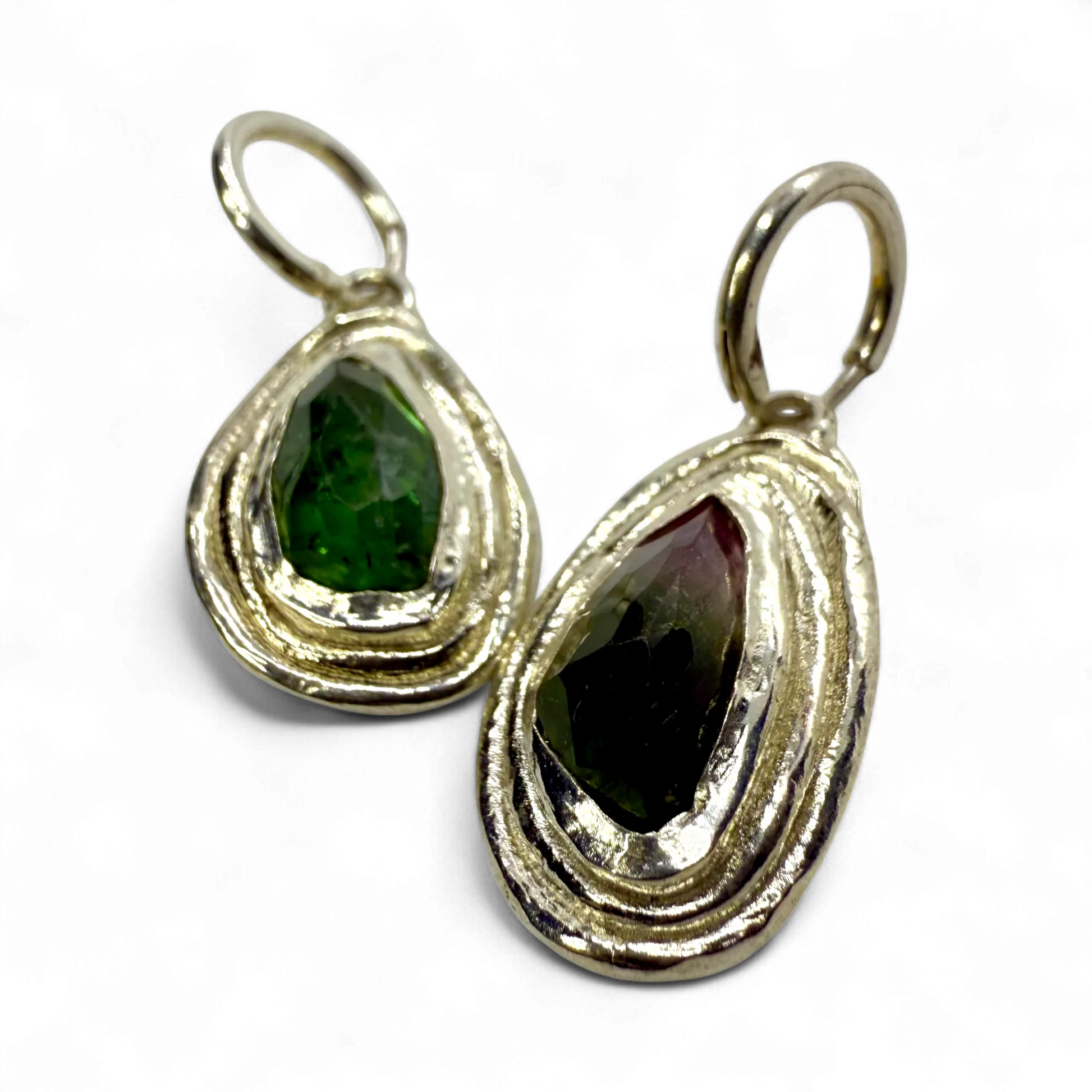 Pair of Orra Hoops in sterling silver with green-pink tourmaline gemstones, handmade by Lia Makes Jewellery.