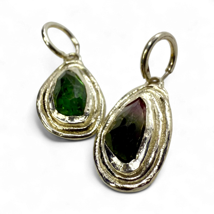 Pair of Orra Hoops in sterling silver with green-pink tourmaline gemstones, handmade by Lia Makes Jewellery.