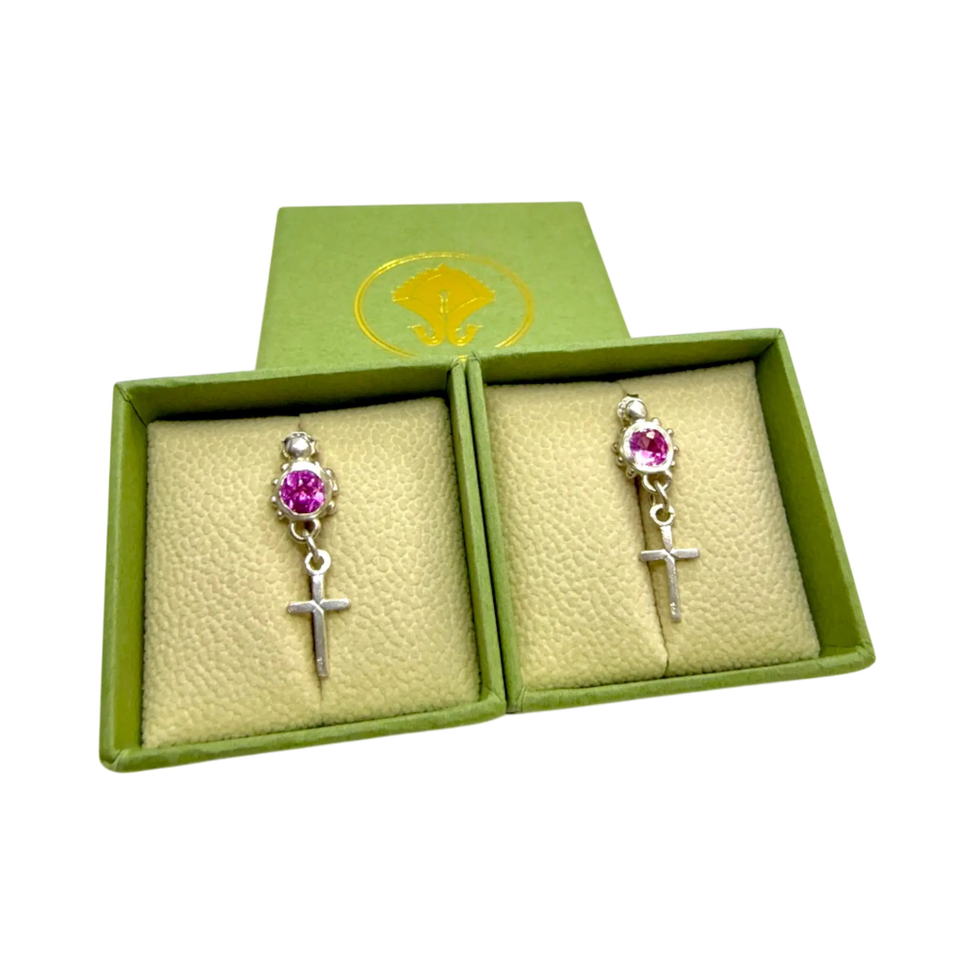 Rosae Stud earrings presented in jewellery boxes, handmade sterling silver and pink topaz from Paris.