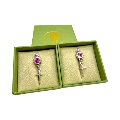 Rosae Stud earrings presented in jewellery boxes, handmade sterling silver and pink topaz from Paris.