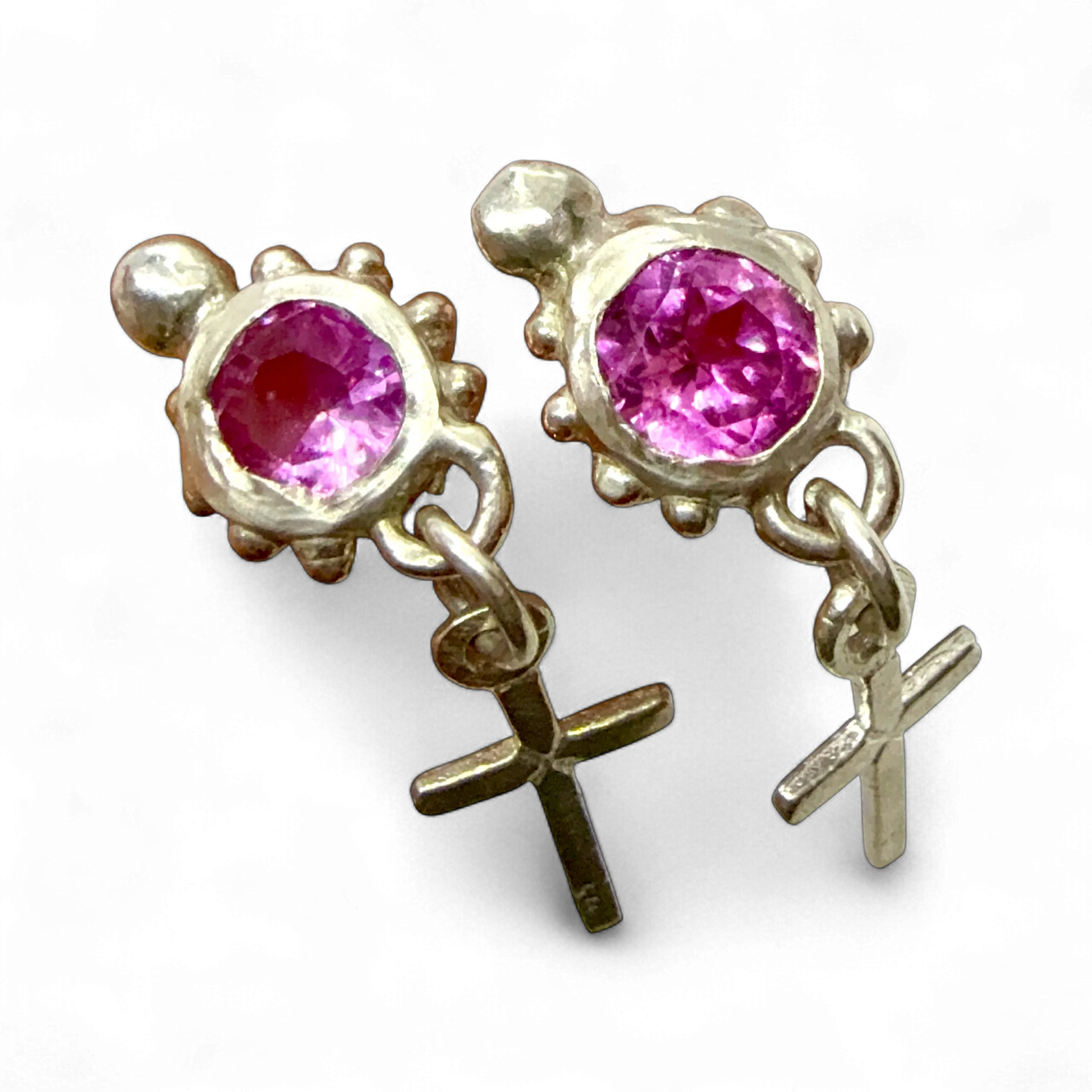 Pair of Rosae Stud earrings in sterling silver with pink topaz, delicate handmade design by Lia Makes Jewellery.