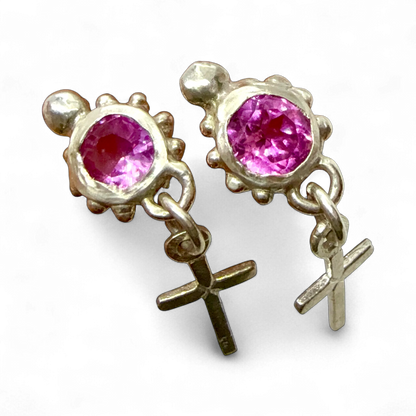 Pair of Rosae Stud earrings in sterling silver with pink topaz, delicate handmade design by Lia Makes Jewellery.