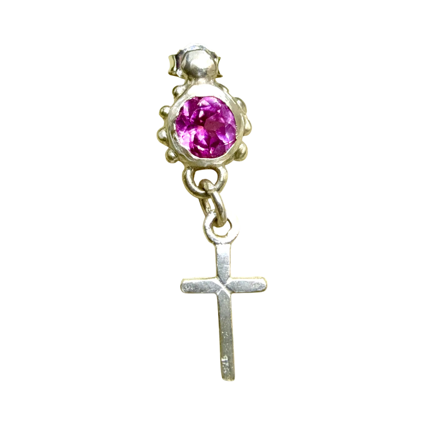 Single Rosae Stud earring in silver with pink topaz gemstone, minimalist handmade design.