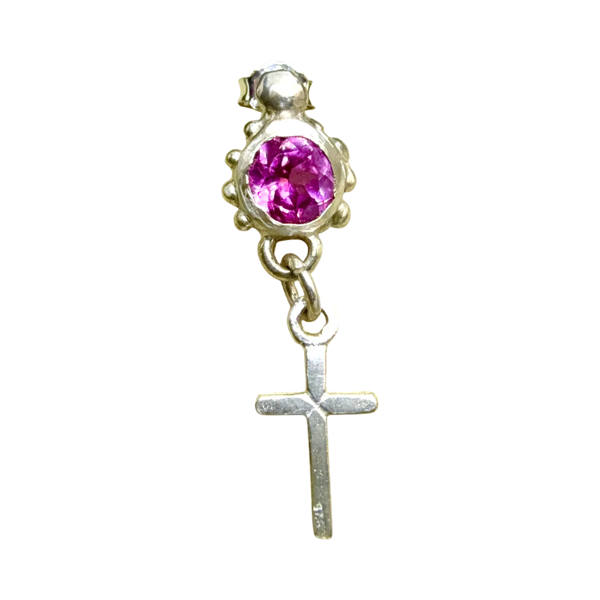 Single Rosae Stud earring in silver with pink topaz gemstone, minimalist handmade design.