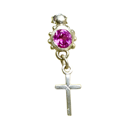 Single Rosae Stud earring in silver with pink topaz gemstone, minimalist handmade design.